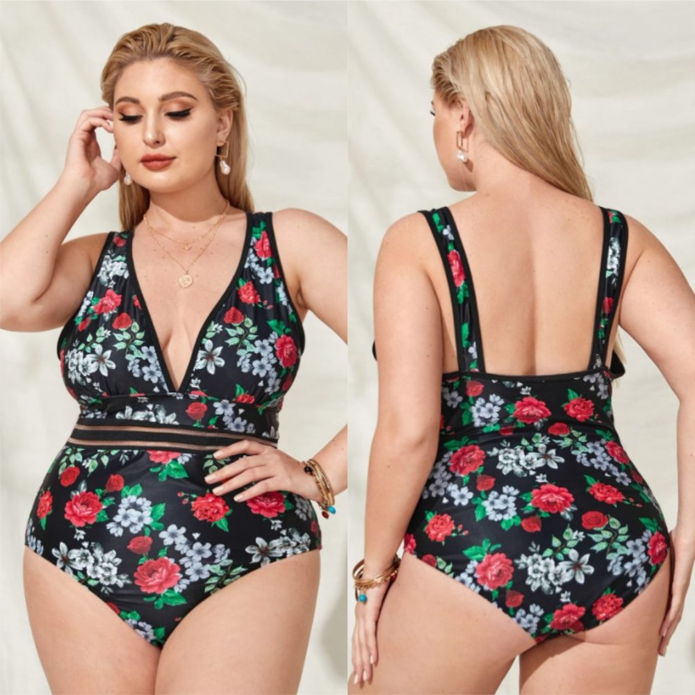 SHEIN Size 3X Floral One Piece Swimsuit Black